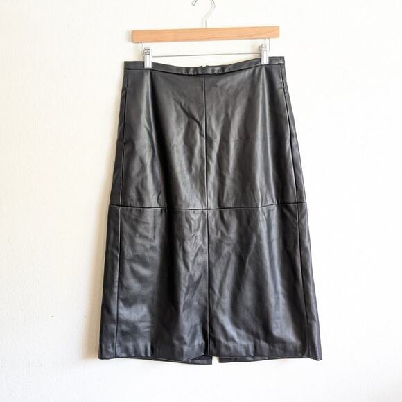 Joe's Doreen Black Cross Seamed Vegan Leather A-line Midi Skirt, size L - Picture 2 of 10